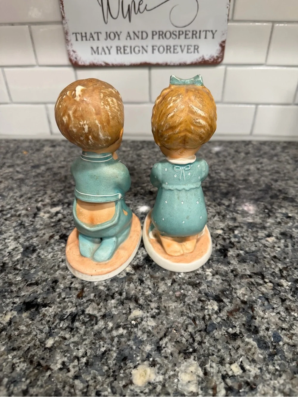 Goebel Praying Boy and Girl Figurine Pair in Teal and Cream